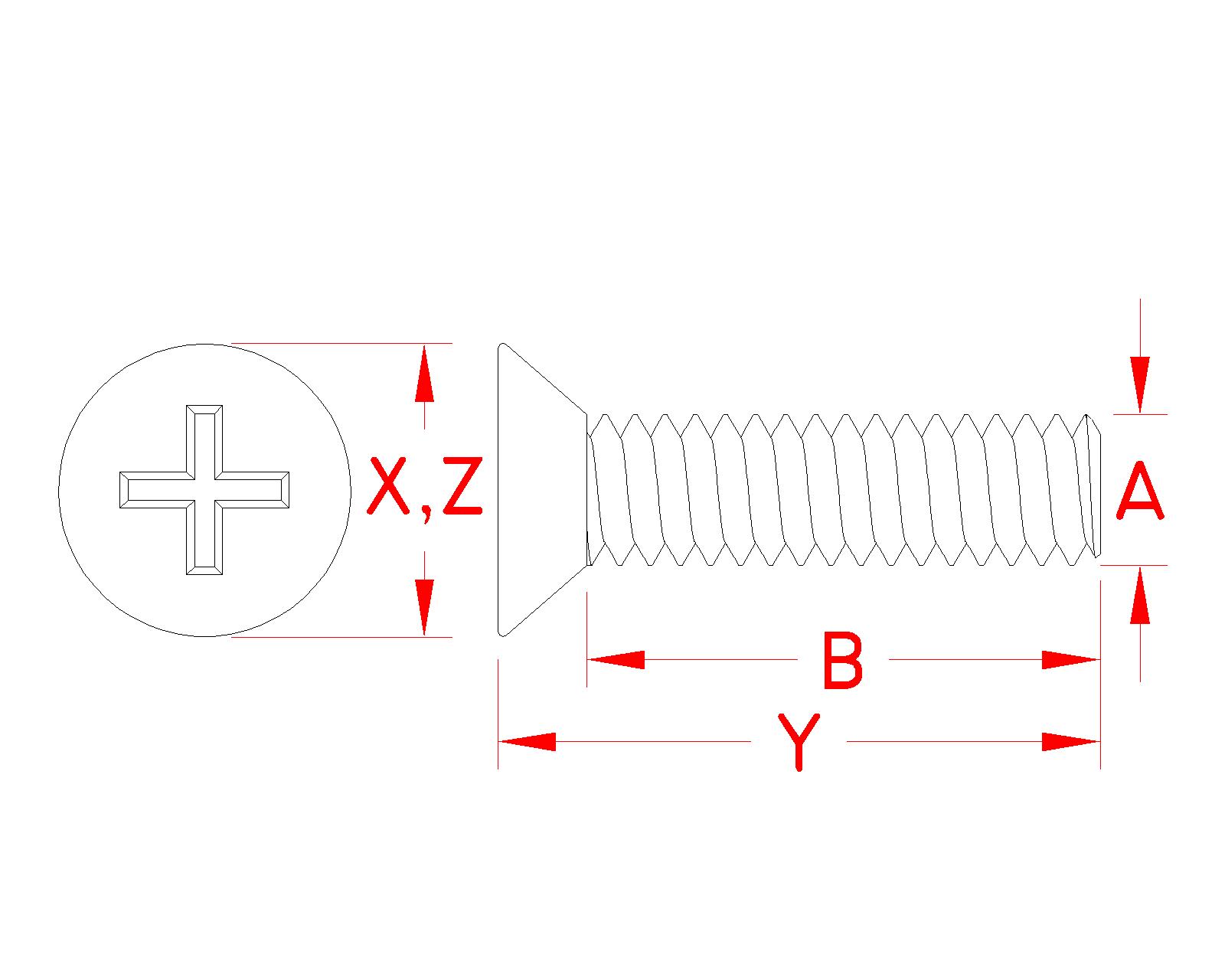 Stainless Steel Machine Screw Flathead, Phillips Head, S0910-0, Line Drawing